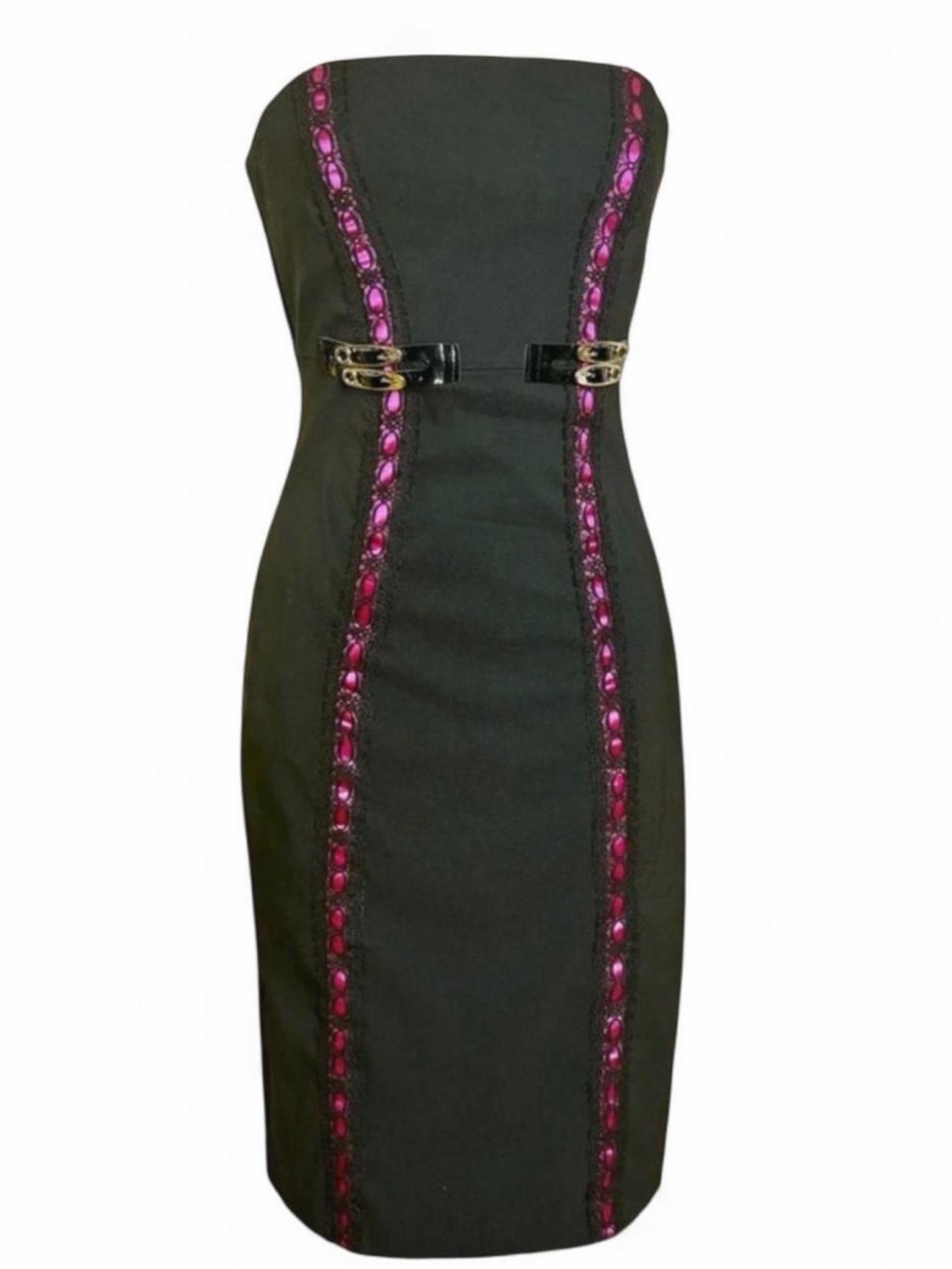 Upcycled Black & Pink Strapless Midi Dress Safety Pin Buckles M 1 of 1